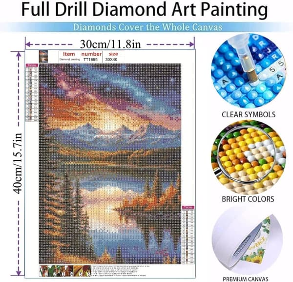 Bomclap Maastopyyntö Diamanttiaset Aikuille - Täydellinen Drill, Vuoristo järvi taivas maiseman diamantti maalaus. Kristalli rhinestone Gem Art, DIY -