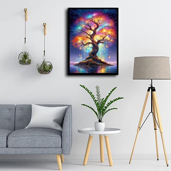 Bomclap timanttimaalaus – DIY 5D timanttimaalaus, 30x40cm, salaperäinen säteilevä maailmanpuu veden päällä