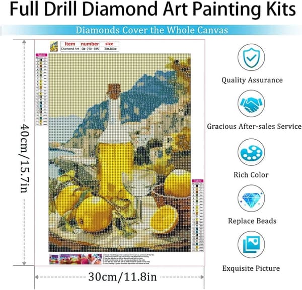 Bomclap timanttimaalaus – DIY 5D timanttimaalaus, 30x40cm, aurinkoinen Välimeren aihe: sitruunat, oliiviöljy ja rannikkokylä