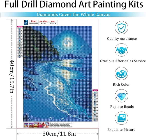 Bomclap Diamond Art Kit aikuisille - 5D Beach Moon, DIY täysi porasarja aloittelijoille. Ensiluokkaiset jalokivipisteet, kodin seinäkoristelu, lahja