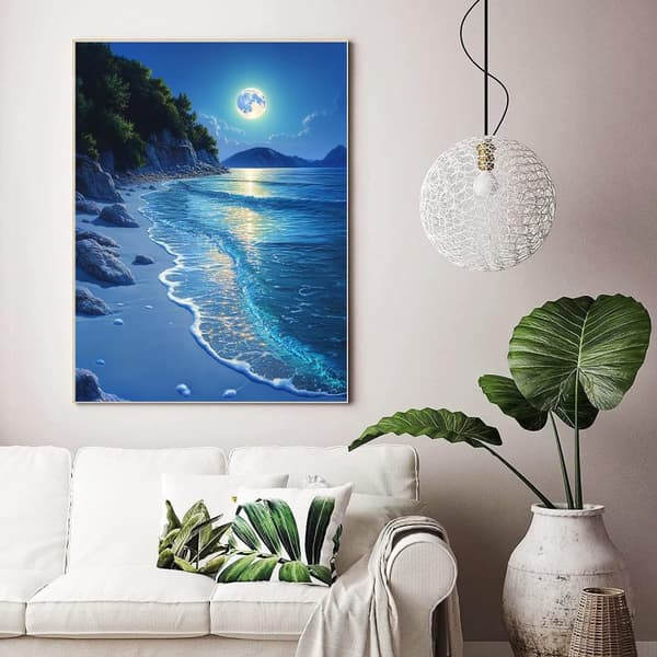 Bomclap Diamond Art Kit aikuisille - 5D Beach Moon, DIY täysi porasarja aloittelijoille. Ensiluokkaiset jalokivipisteet, kodin seinäkoristelu, lahja