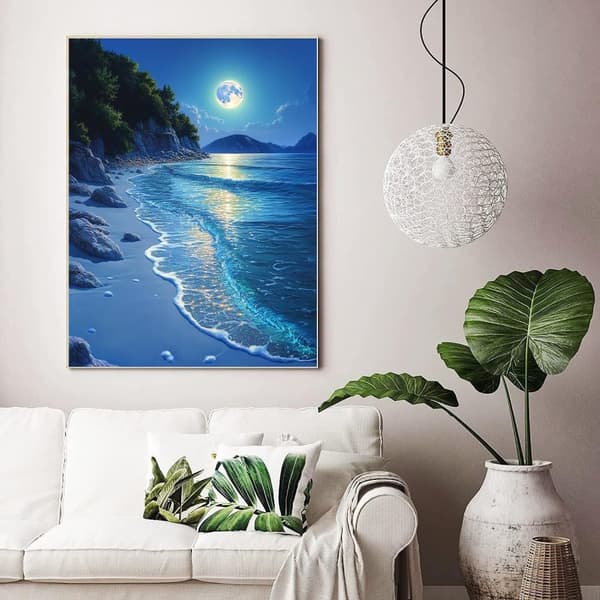 Bomclap Diamond Art Kit aikuisille - 5D Beach Moon, DIY täysi porasarja aloittelijoille. Ensiluokkaiset jalokivipisteet, kodin seinäkoristelu, lahja
