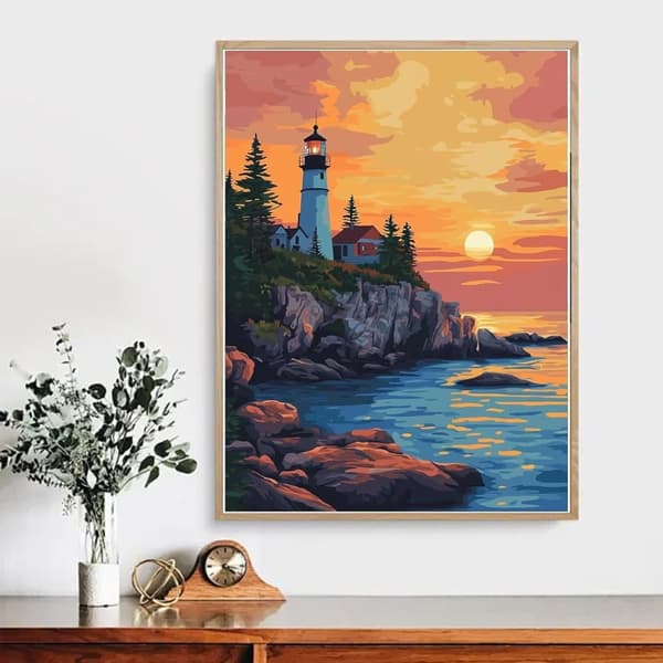 Bomclap Fyrtårn Solnedgang Diamant Kunst - 5D Kystmotiv Fuld Drill 30x40 cm Marine Vægdekoration