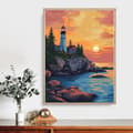 Miniatyrbillede 5 af 6: Bomclap Fyrtårn Solnedgang Diamant Kunst - 5D Kystmotiv Fuld Drill 30x40 cm Marine Vægdekoration