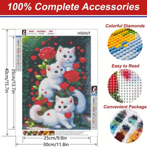 Bomclap Cats 5D DIY Diamond Art Kit Voksne – Roser med fuldt værktøj! Blomstermaleri med runde diamanter, Hjem vægdekoration