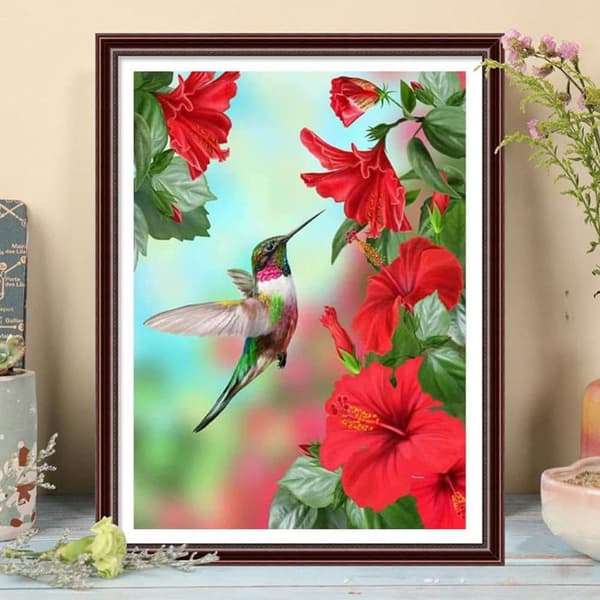 Bomclap DIY 5D Diamond Art Kit – Lintuja ja kukkia! Kolibri Timanttitaide, Aikuiset, Seinäkoristelahja, Rentoutuminen