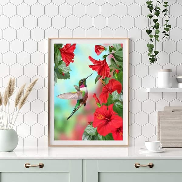 Bomclap DIY 5D Diamond Art Kit – Lintuja ja kukkia! Kolibri Timanttitaide, Aikuiset, Seinäkoristelahja, Rentoutuminen