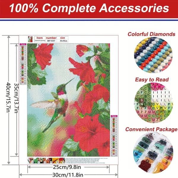 Bomclap DIY 5D Diamond Art Kit – Lintuja ja kukkia! Kolibri Timanttitaide, Aikuiset, Seinäkoristelahja, Rentoutuminen