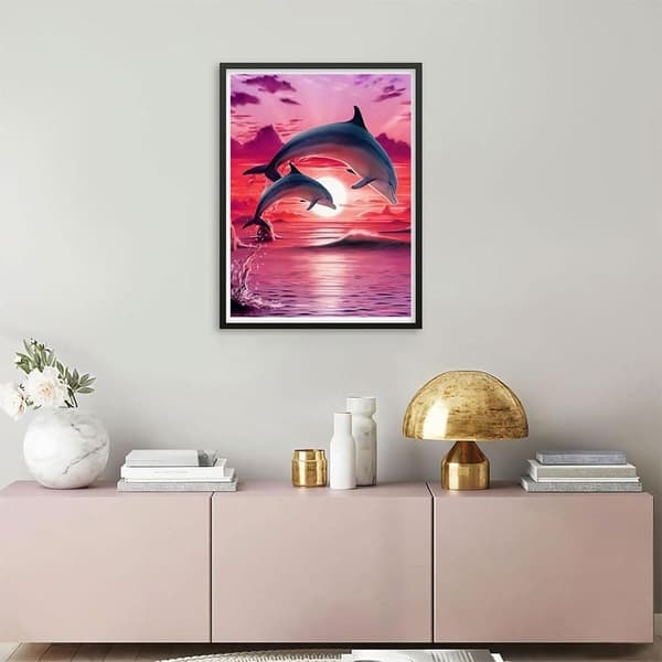 Bomclap Dolphins Diamond Art Kit Voksne – Beach Diamond Painting Kit for begyndere! 5D Fuld Rund Drill Diamant Prikker, Rund Diamant Maleri, Hjem