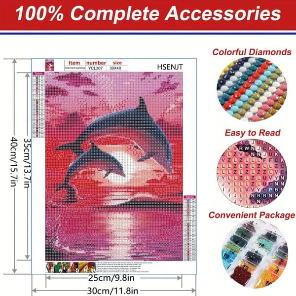 Bomclap Dolphins Diamond Art Kit Voksne – Beach Diamond Painting Kit for begyndere! 5D Fuld Rund Drill Diamant Prikker, Rund Diamant Maleri, Hjem
