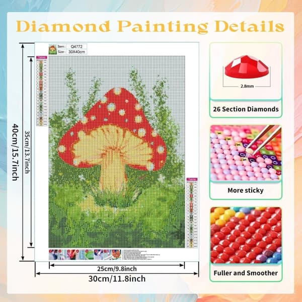Bomclap Mushroom Diamond Art 30x40 cm | Täysi pyöreä poranterä 5D-maalaus | Helmisarjat aloittelijoille ja kotiin