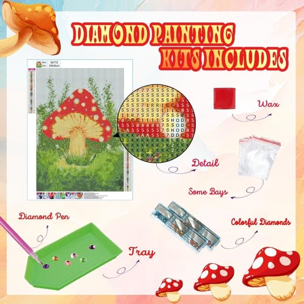 Bomclap Mushroom Diamond Art 30x40 cm | Täysi pyöreä poranterä 5D-maalaus | Helmisarjat aloittelijoille ja kotiin