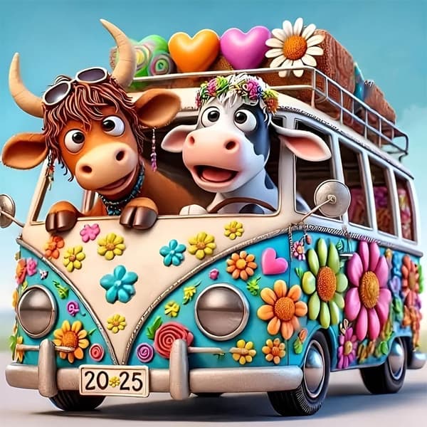 Bomclap Bus & Cow -timanttimaalaus - yksinkertainen 5D-täysporaseinäkoriste, 35x35 cm