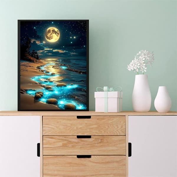 Bomclap Moon Beach Diamond Painting Kit Aikuiset – Beach Moon Diamond Art! 5D pyöreä maisema jalokivitaide, tee-se-itse-lahja, kodin seinäkoristelu