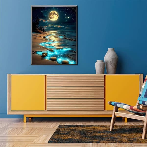 Bomclap Moon Beach Diamond Painting Kit Aikuiset – Beach Moon Diamond Art! 5D pyöreä maisema jalokivitaide, tee-se-itse-lahja, kodin seinäkoristelu