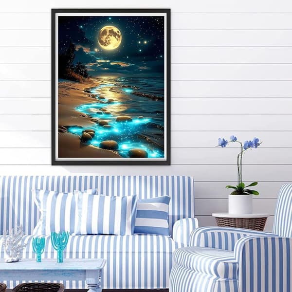Bomclap Moon Beach Diamond Painting Kit Aikuiset – Beach Moon Diamond Art! 5D pyöreä maisema jalokivitaide, tee-se-itse-lahja, kodin seinäkoristelu