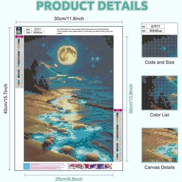Bomclap Moon Beach Diamond Painting Kit Aikuiset – Beach Moon Diamond Art! 5D pyöreä maisema jalokivitaide, tee-se-itse-lahja, kodin seinäkoristelu