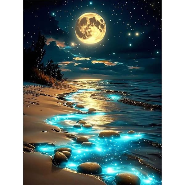 Bomclap Moon Beach Diamond Painting Kit Aikuiset – Beach Moon Diamond Art! 5D pyöreä maisema jalokivitaide, tee-se-itse-lahja, kodin seinäkoristelu