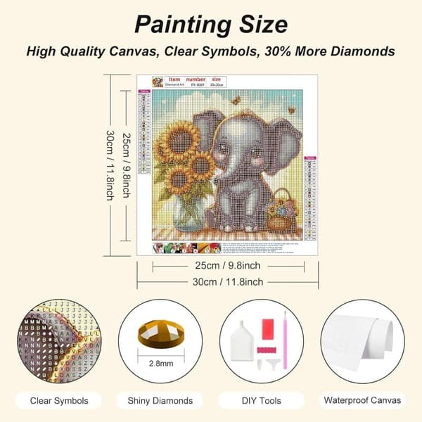 Bomclap Elephant Diamond Painting - 5D Full Drill DIY Animal Art, 30x30 cm