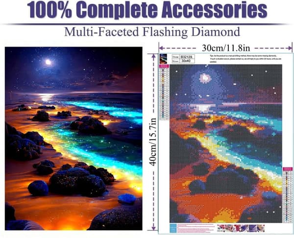 Bomclap Strand Diamond Painting Kit for Voksne – 5D DIY Måne Diamond Art! Landskab Gem Kit, Strandmåne Scenery Diamond Dots