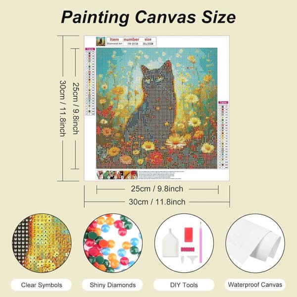 Bomclap Classic Cat Diamond Art - 5D Full Drill yksinkertainen seinäkoriste, 30x30 cm