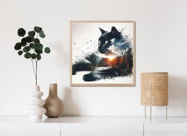 Bomclap Sort Kat Landskabskunst - 5D Fuld Drill Diamantmaleri til Hjemmet, 30x30 cm