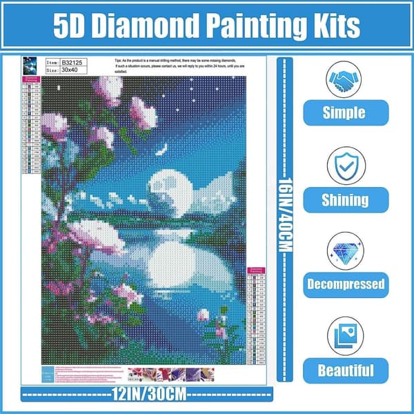Bomclap Kuu Diamantti maalaus – Kukat Diamanttiaset Aikuille! 5D DIY Maisema Diamond Dots, Gem Art Kuun maisema, Koti & Työhuone Seinäkoriste