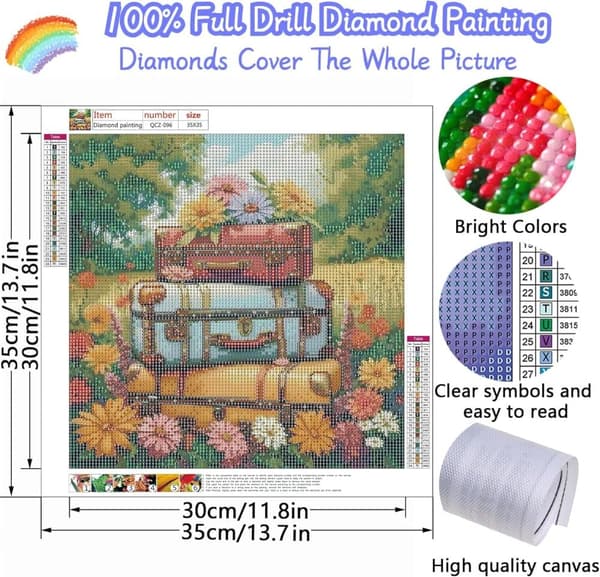 Bomclap Flower Travel Diamond Art - 5D Fuld Drill Vintage Taske Design, 35x35 cm