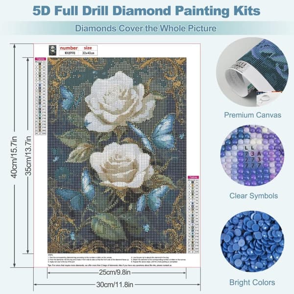 Bomclap Flowers Diamond Painting Kit Aikuiset – Butterfly Rose Diamond Art Kit Aloittelija! DIY täysi timanttitaide, lahja kodin seinäkoristelu