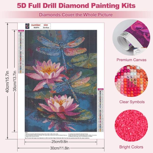 Bomclap Blomster Diamant Maleri Kit Voksne - DIY Lotus & Libellula Fuld Rund Diamant Maleri! Fuld diamant kunst sæt, gave hjem væg dekoration