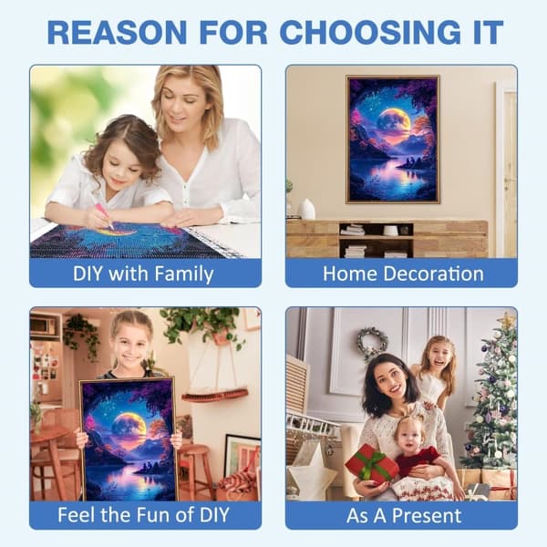Bomclap 5D Diamond Art Kit Aikuiset – DIY värikäs kuutamo-timanttimaalaus! Täysi porakristallitaidesarja, kodin seinäkoristelu ja lahja