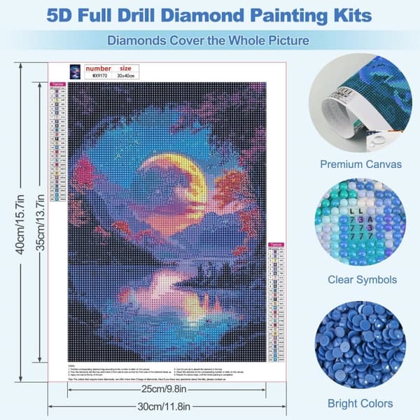 Bomclap 5D Diamond Art Kit Aikuiset – DIY värikäs kuutamo-timanttimaalaus! Täysi porakristallitaidesarja, kodin seinäkoristelu ja lahja