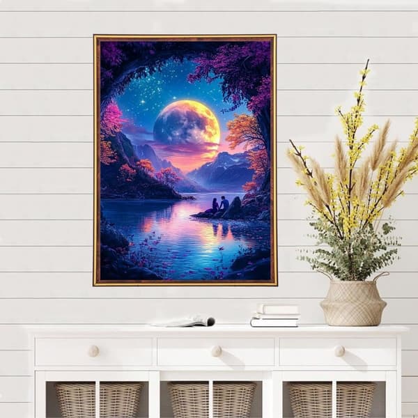 Bomclap 5D Diamond Art Kit Aikuiset – DIY värikäs kuutamo-timanttimaalaus! Täysi porakristallitaidesarja, kodin seinäkoristelu ja lahja