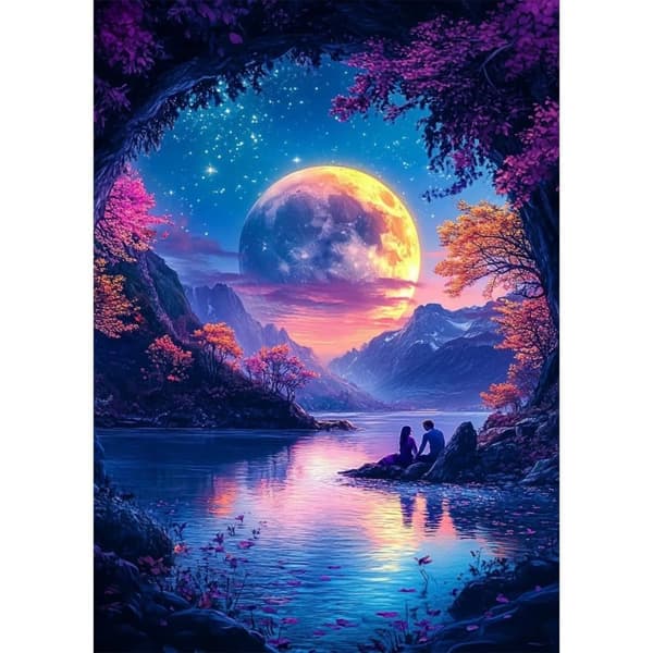 Bomclap 5D Diamond Art Kit Aikuiset – DIY värikäs kuutamo-timanttimaalaus! Täysi porakristallitaidesarja, kodin seinäkoristelu ja lahja