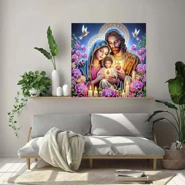Bomclap Family Jesus Diamond Art 30x30 cm 5D erikoismuotoinen joulukoriste DIY kristallihelmet seinäkoriste