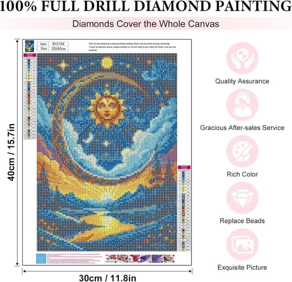 Bomclap Sol och Måne Diamantmålning för Vuxna 5D DIY Rund Full Drill Konstverk - Diamantpärlor Hemslöjd 30x40 cm Väggdekoration