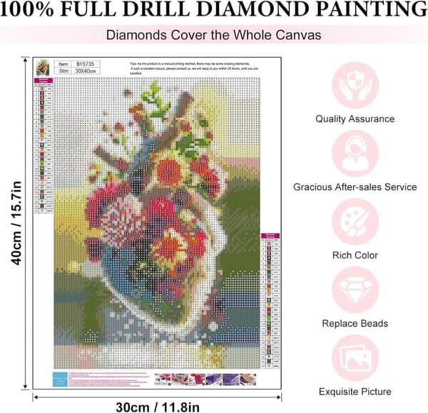 Bomclap sydämen muotoinen kukka Diamond Art 5D DIY pyöreä täyspora - timanttihelmet seinäkoriste 30x40 cm