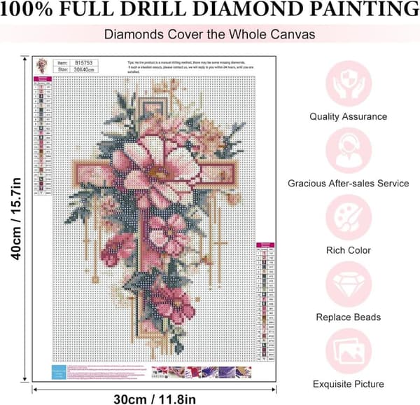 Bomclap Blomsterkors Diamantkonst 5D Religiös DIY Rund Full Drill - Diamantpärlor 30x40 cm