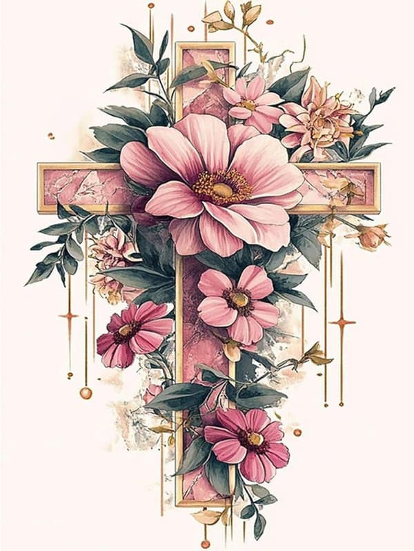 Bomclap Blomsterkors Diamantkonst 5D Religiös DIY Rund Full Drill - Diamantpärlor 30x40 cm