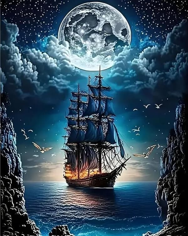 bomclap måne lys piratskib diamantmaleri 5d mystisk hav design - diamantperler DIY 30x40 cm