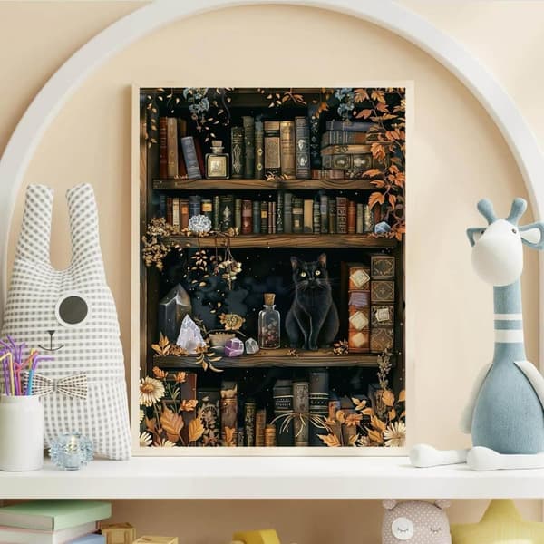 Bomclap Vintage kirjahylly timanttimaalaus - 5D musta kissa täysi pora DIY timanttitaide aloittelija, seinäkoristelahja 30x40 cm
