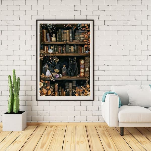 Bomclap Vintage kirjahylly timanttimaalaus - 5D musta kissa täysi pora DIY timanttitaide aloittelija, seinäkoristelahja 30x40 cm
