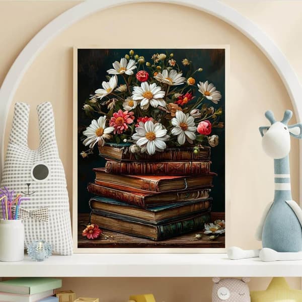 Bomclap Vintage Kirjat Timanttitaide aikuisille - 5D Full Drill Daisy DIY kristallihelmet, makuuhuoneen sisustus 30x40 cm