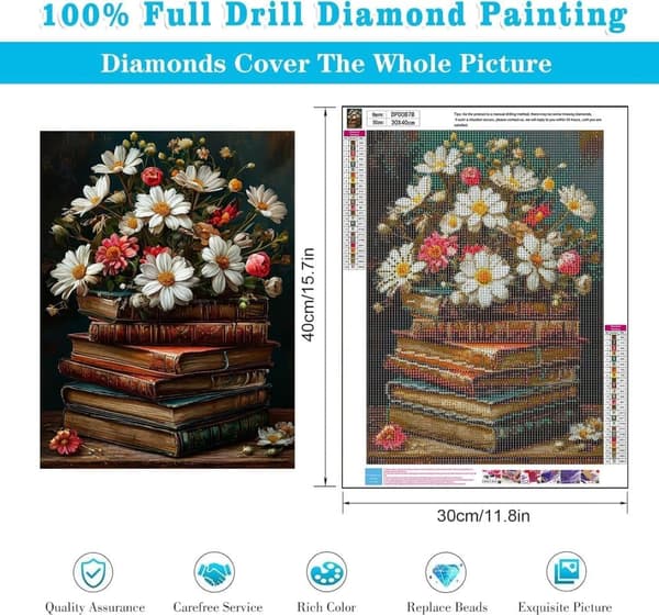 Bomclap Vintage Kirjat Timanttitaide aikuisille - 5D Full Drill Daisy DIY kristallihelmet, makuuhuoneen sisustus 30x40 cm
