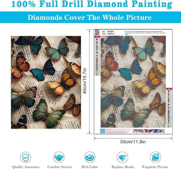 Bomclap Vintage Butterfly Diamond Art - 5D Full Drill DIY timanttimaalaus aloittelija, seinäkoriste 30x40 cm