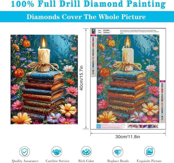 Bomclap Vintage Bøger med Blomster Diamant Kunst - 5D Fuld Drill DIY Krystal Perler, Boligindretning 30x40 cm