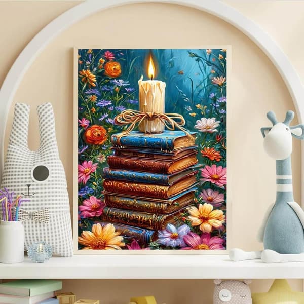Bomclap Vintage Bøger med Blomster Diamant Kunst - 5D Fuld Drill DIY Krystal Perler, Boligindretning 30x40 cm