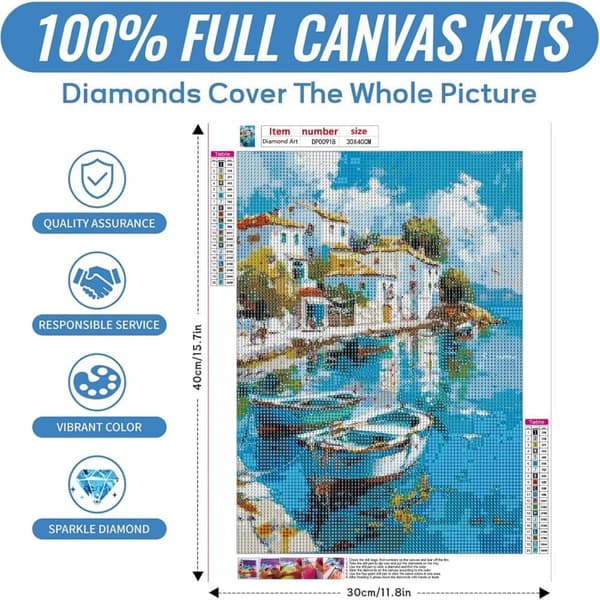 Bomclap Coastal Town Diamond Art - 5D Rund Fuld Drill Diamantmaleri Begynder, DIY Krystal Perler Dekoration 30x40 cm