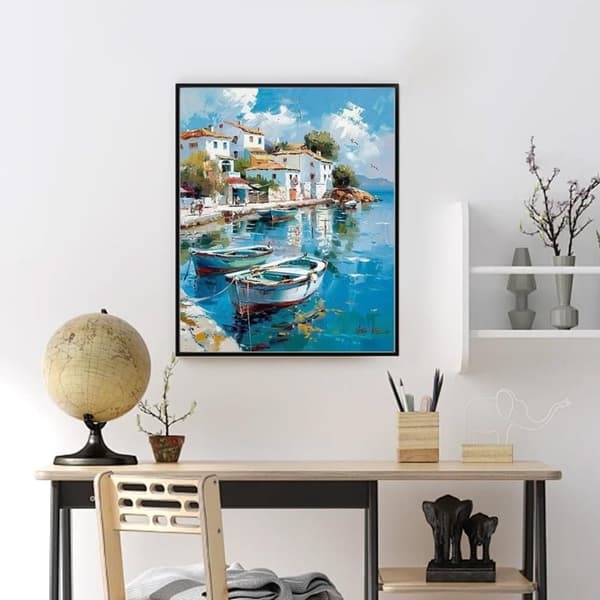 Bomclap Coastal Town Diamond Art - 5D Rund Fuld Drill Diamantmaleri Begynder, DIY Krystal Perler Dekoration 30x40 cm