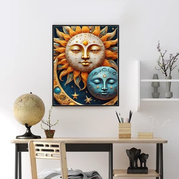 Bomclap Sun and Moon DIY -timanttimaalaus - 5D Full Drill pyöreä timanttitaide aloittelija, yksinkertainen seinäkoriste 30x40 cm